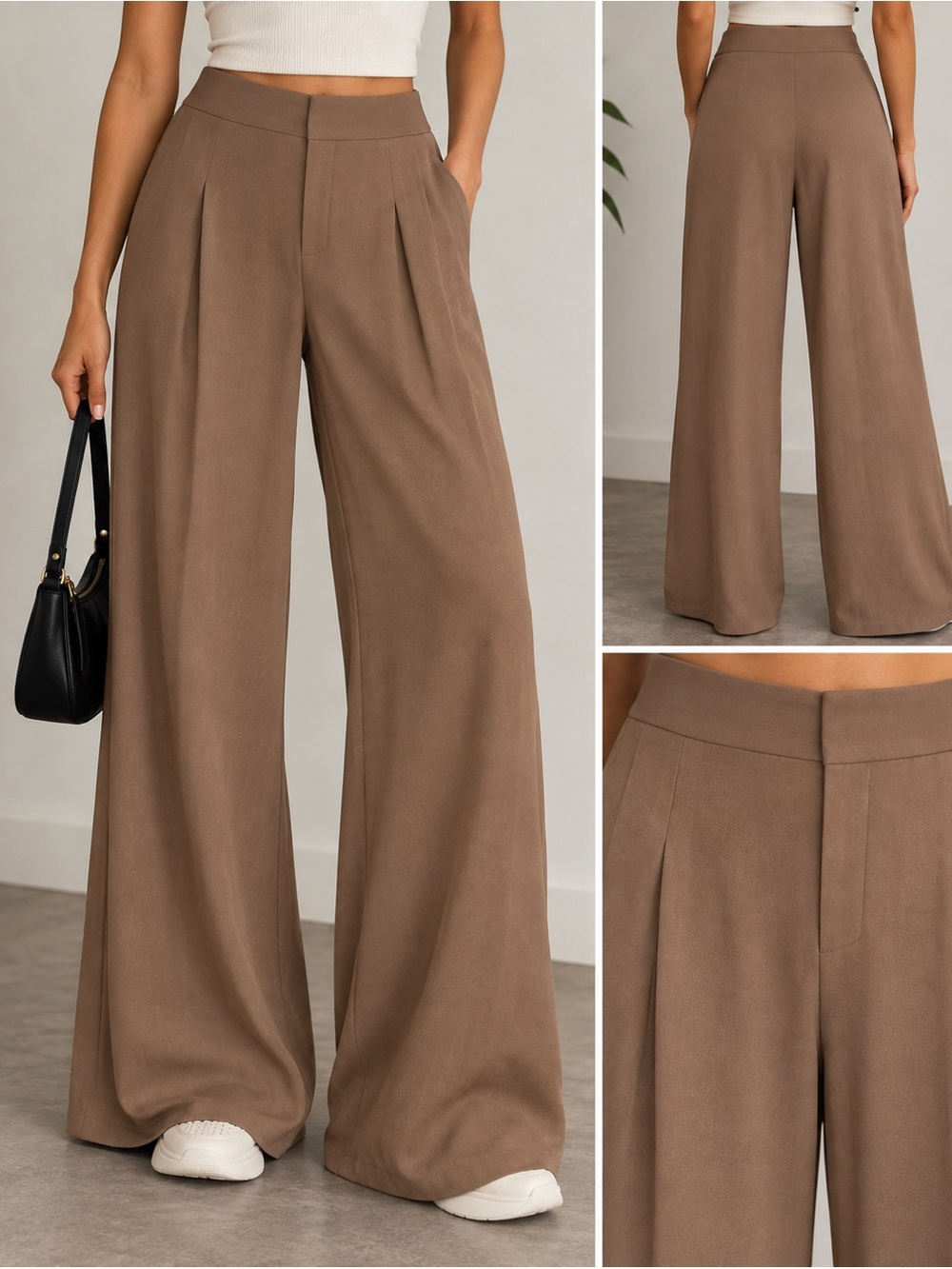 GILLI Taupe Brown High Rise Pleated Wide Leg Trousers Size Large